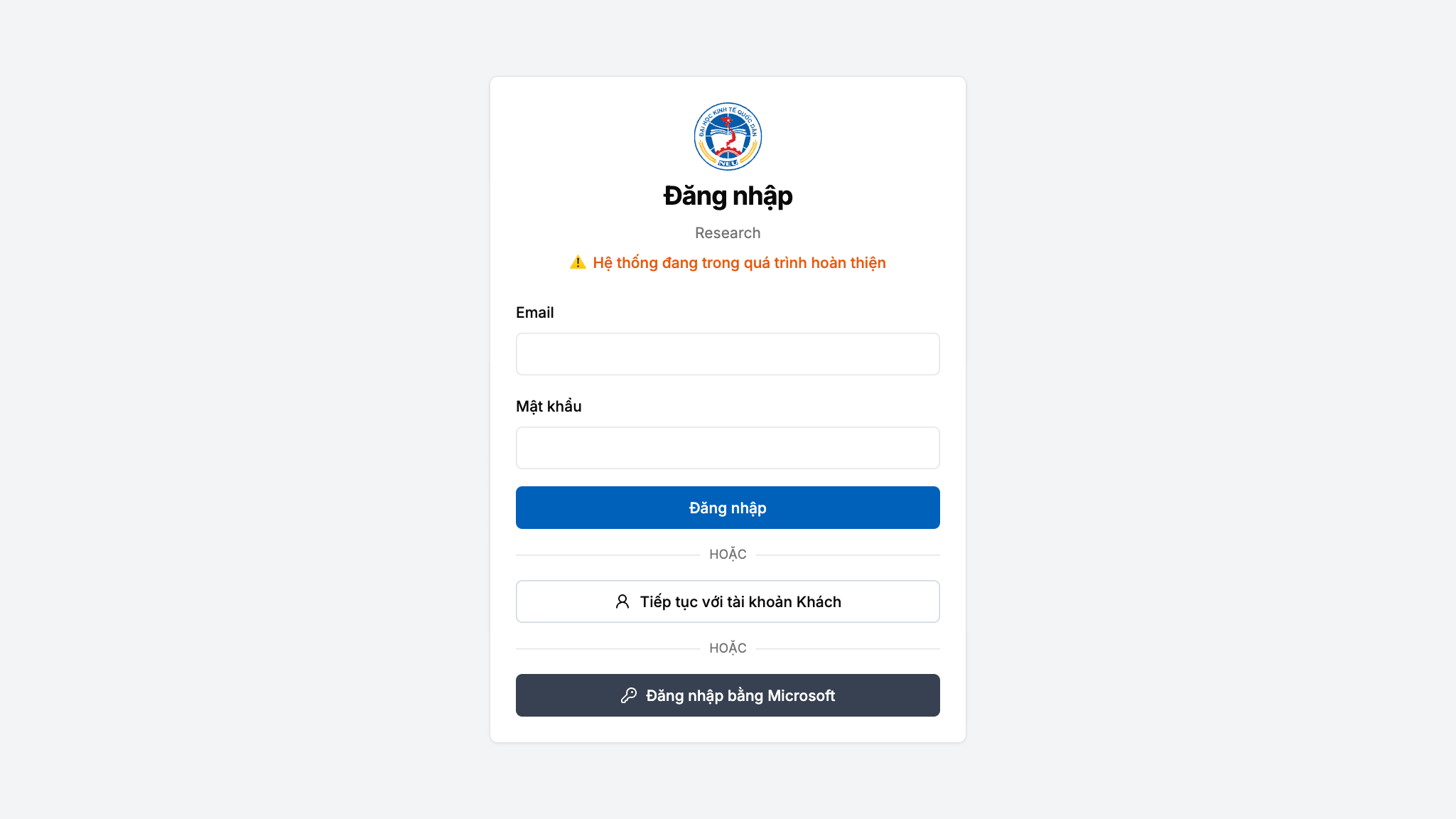 Trang đăng nhập Research: Email, Mật khẩu, tài khoản Khách, Microsoft