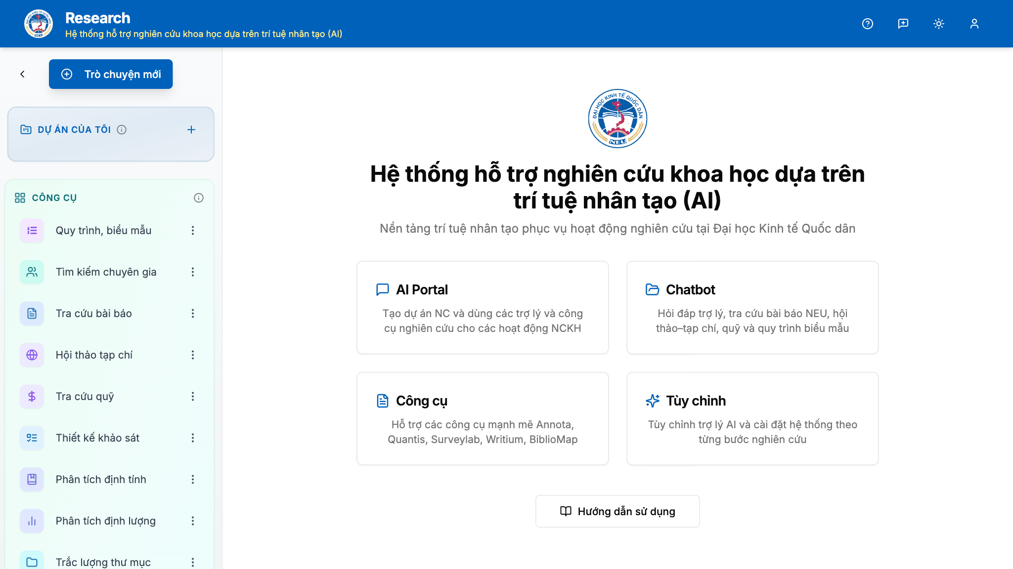 Trang chủ Research: thanh bên với Dự án của tôi và Công cụ, bốn thẻ giới thiệu và nút Hướng dẫn sử dụng