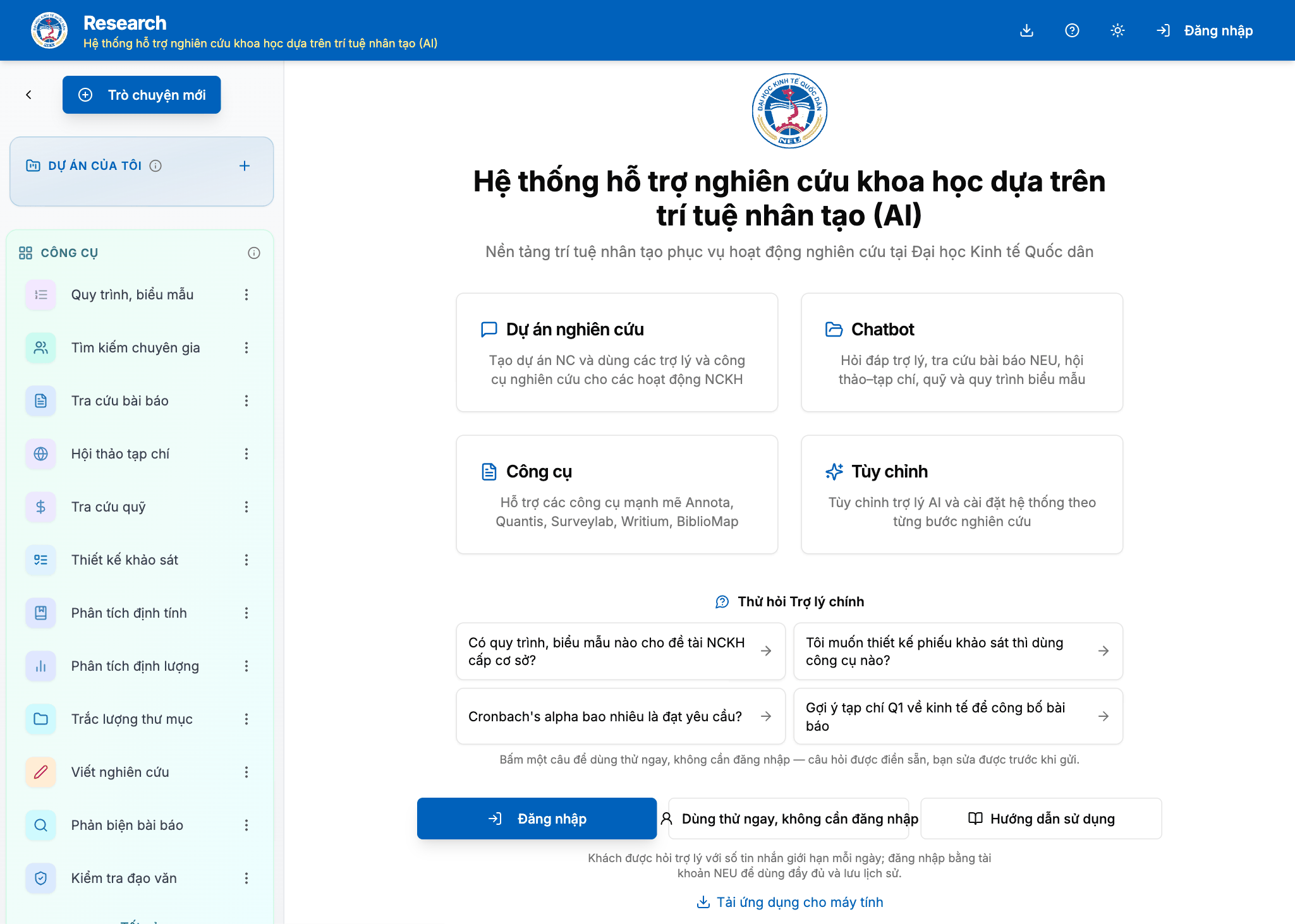 Trang chào khi chưa đăng nhập: câu hỏi mẫu Thử hỏi Trợ lý chính, nút Đăng nhập, Dùng thử ngay không cần đăng nhập, Hướng dẫn sử dụng và dòng Tải ứng dụng cho máy tính