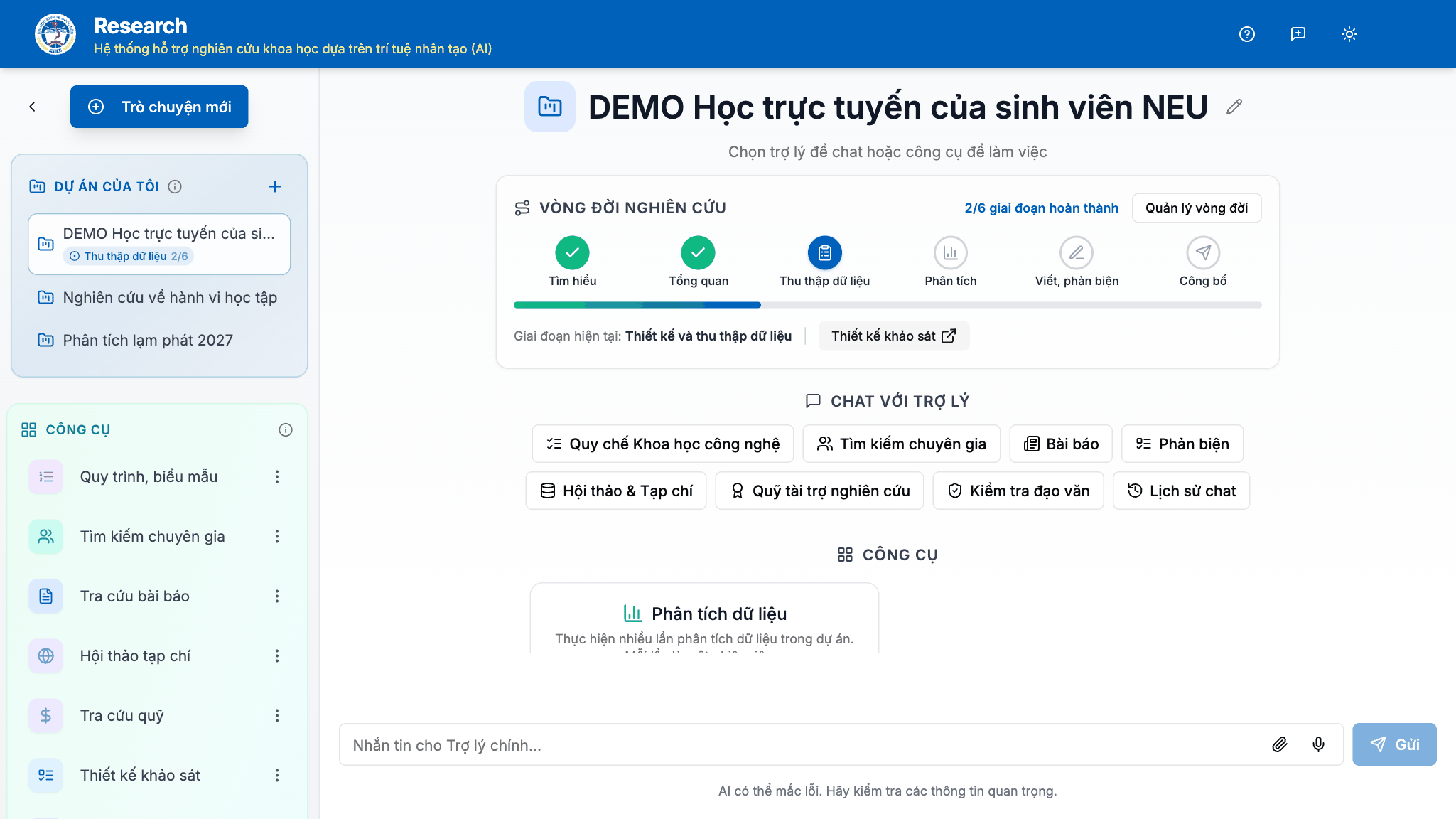 Trang chính của dự án: thanh tóm tắt vòng đời với 6 giai đoạn và nút Quản lý vòng đời