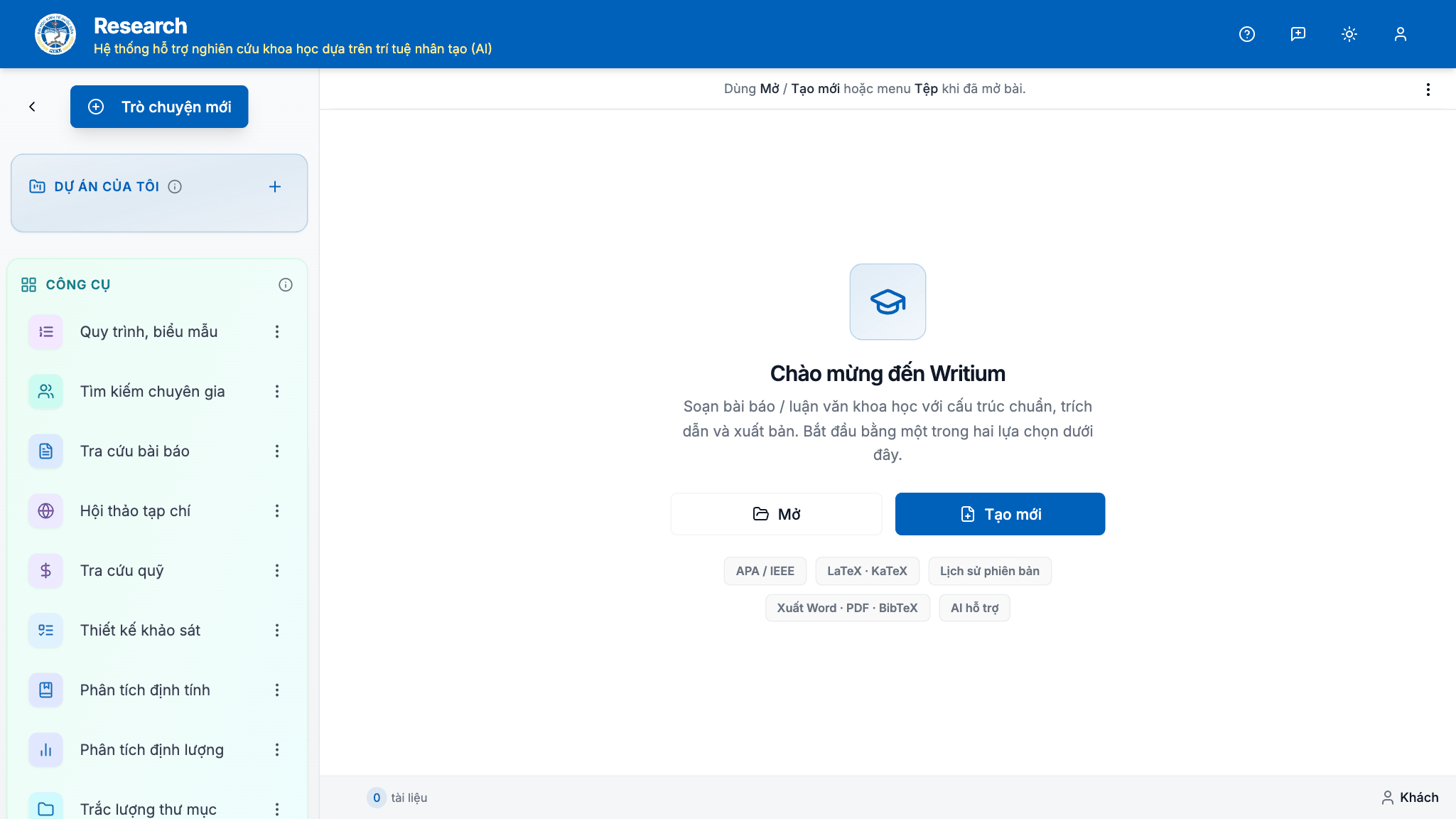 Writium: màn hình chào, Mở / Tạo mới, các tính năng APA/IEEE, LaTeX, AI