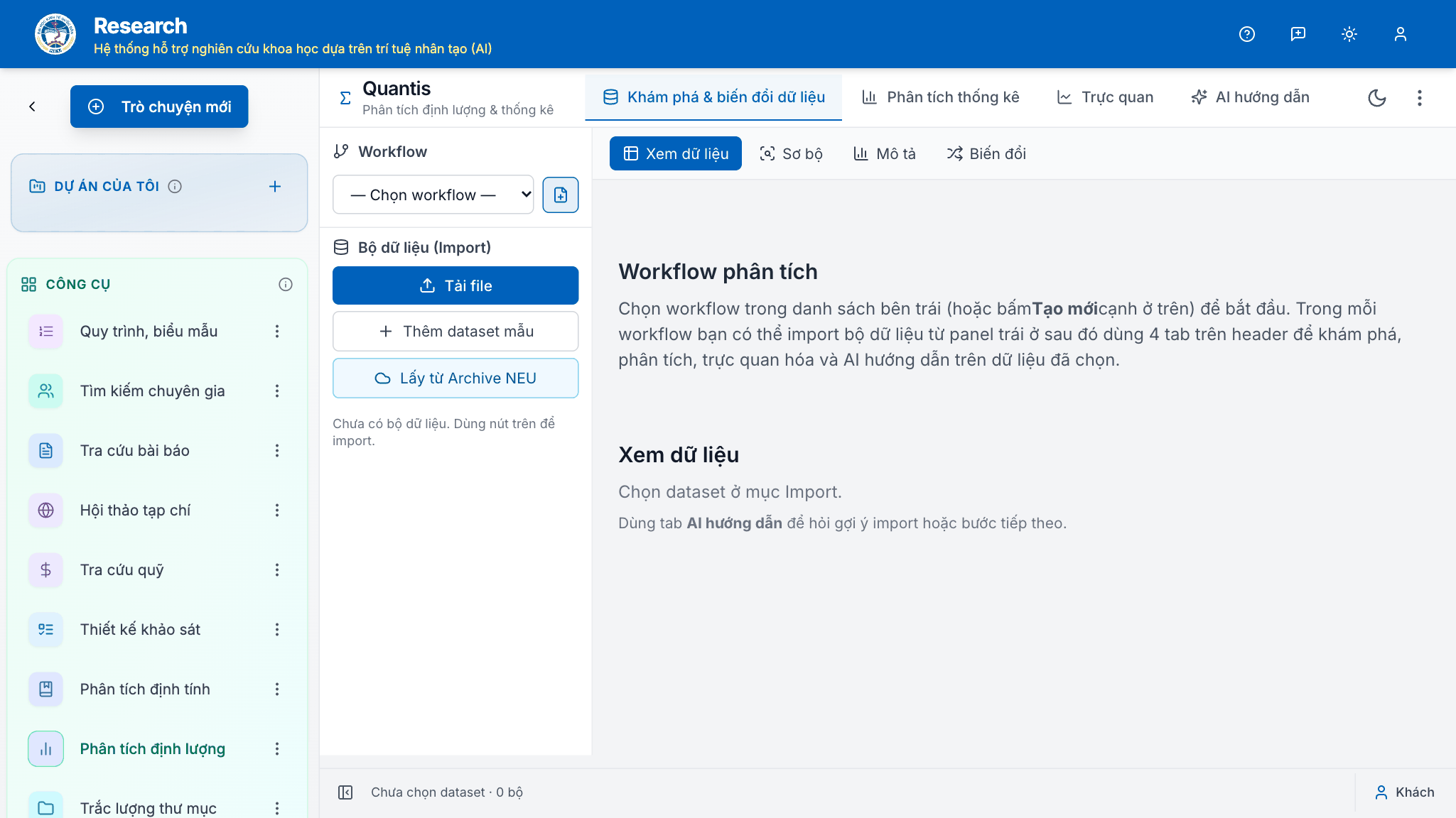 Quantis: workflow phân tích 8 bước, import dữ liệu, các tab thống kê