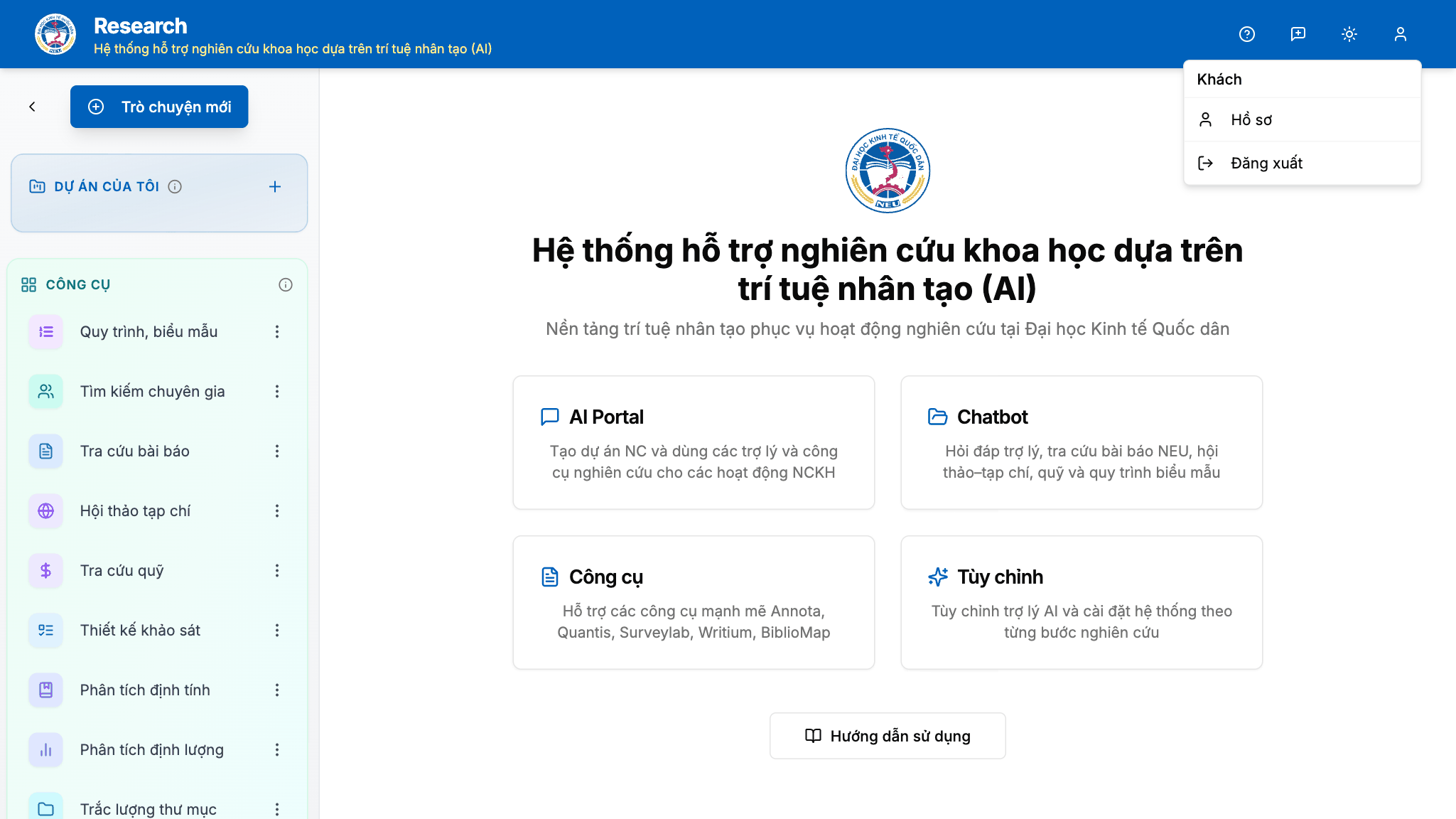 Menu tài khoản: Hồ sơ, Đăng xuất