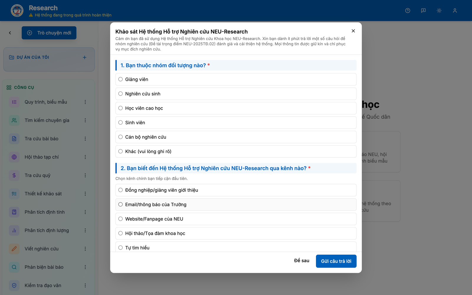 Popup khảo sát Hệ thống Hỗ trợ Nghiên cứu NEU-Research