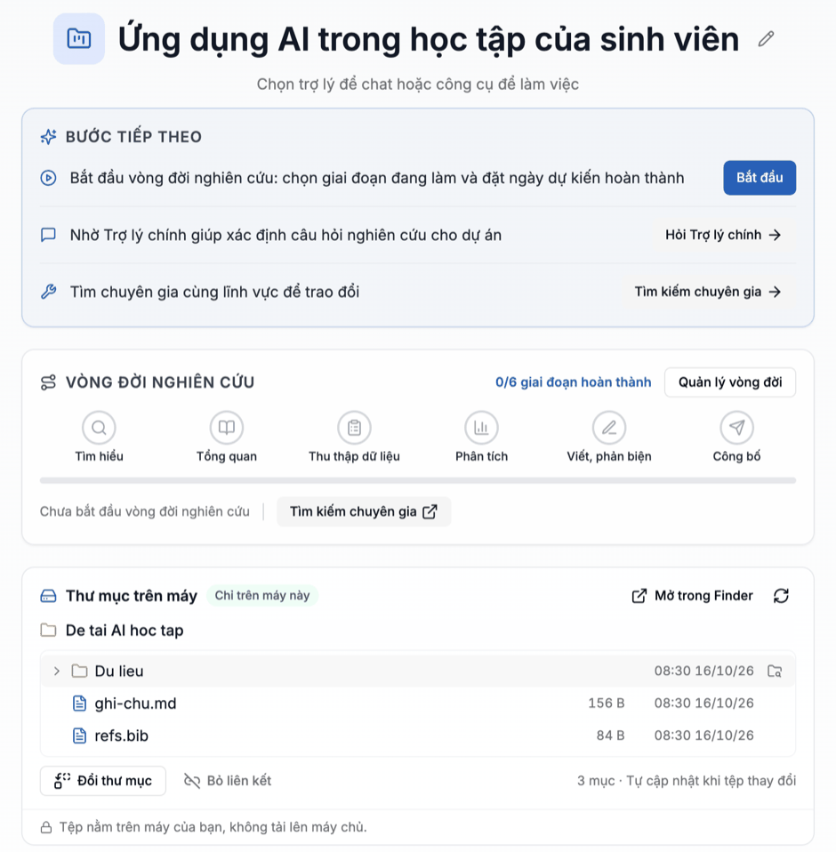 Trang dự án trong ứng dụng: thẻ Bước tiếp theo, Vòng đời nghiên cứu và thẻ Thư mục trên máy đã liên kết